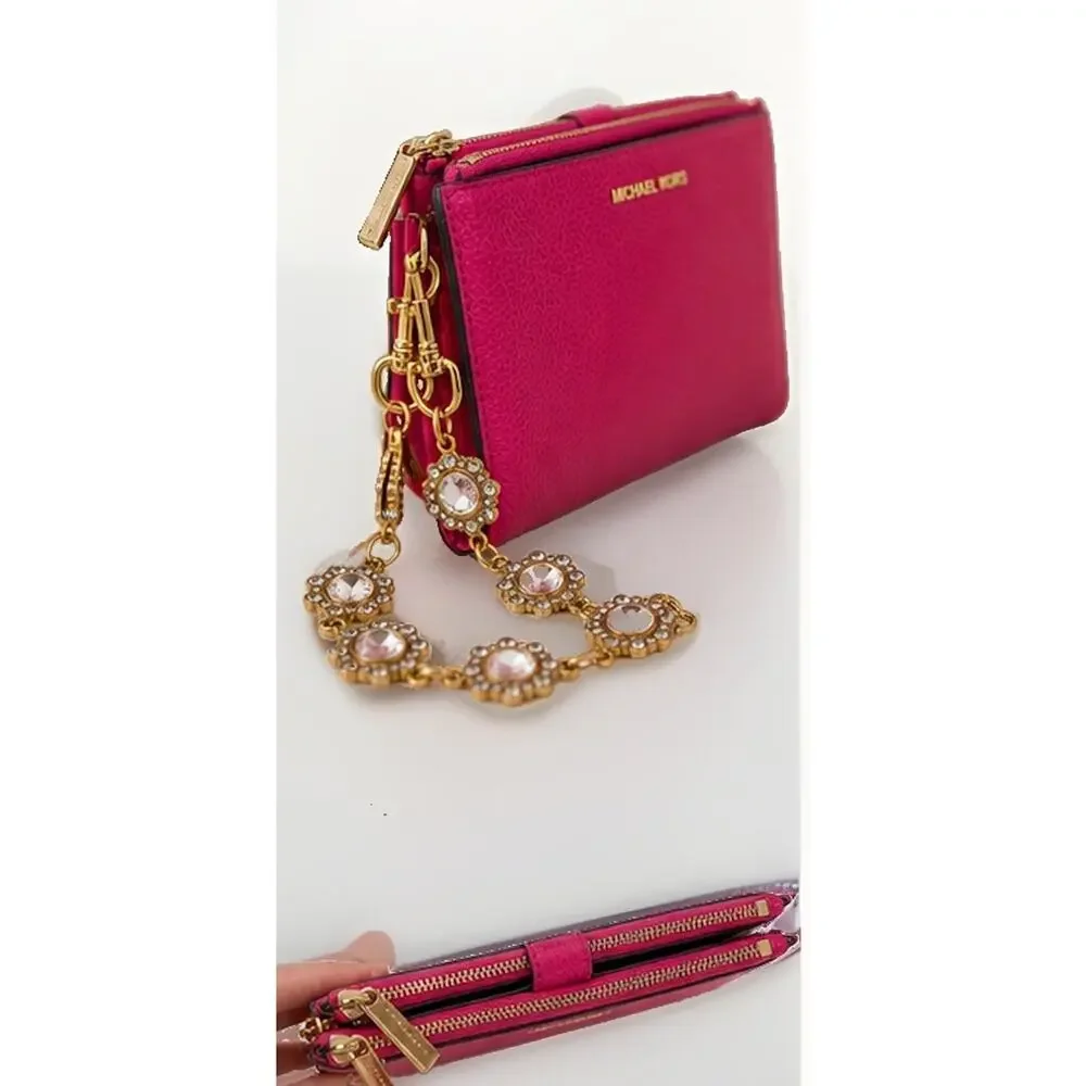 Michael Kors Leather Jet Set Double Zip Pink Pebbled Wristlet Wallet Gold Chain